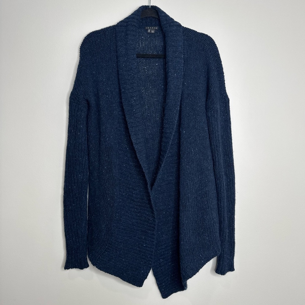 Theory Dark Blue Speckle Wool Mohair Angora Chunky Knit Open Front Shawl Sweater